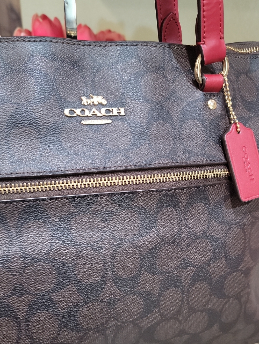 Coach Gallery Tote in Signature Canvas, red /brown color - Picture 2 of 10